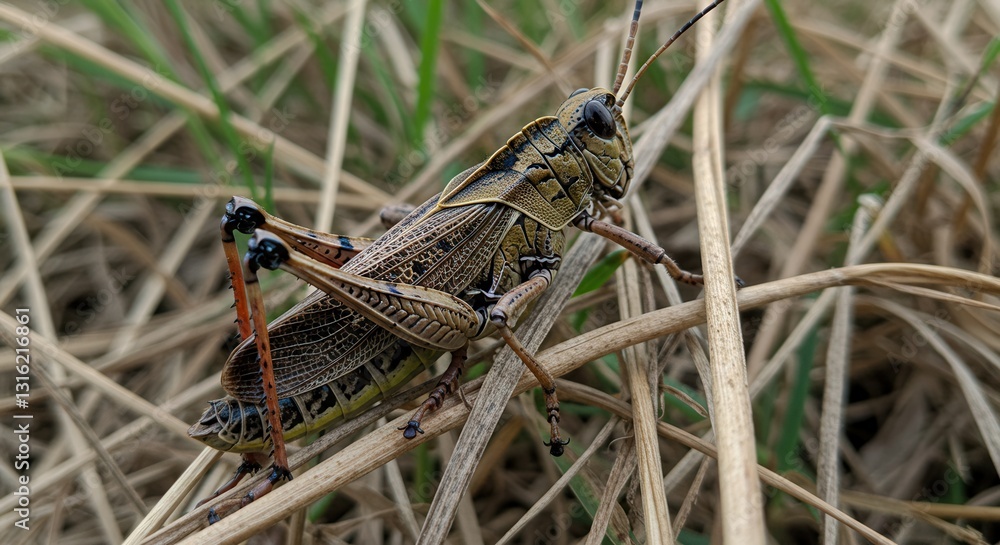 Grasshopper Perched Among Dry Grass Blades in Natural Habitat Close-up Grasshopper Perched Among Dry Grass Blades in Natural Habitat Close-up
