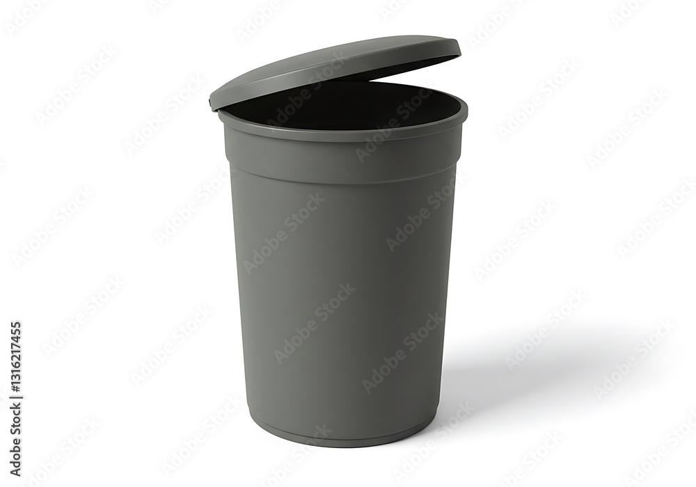 Gray Trash Can with Open Lid on Clean White Background Studio Gray Trash Can with Open Lid on Clean White Background Studio