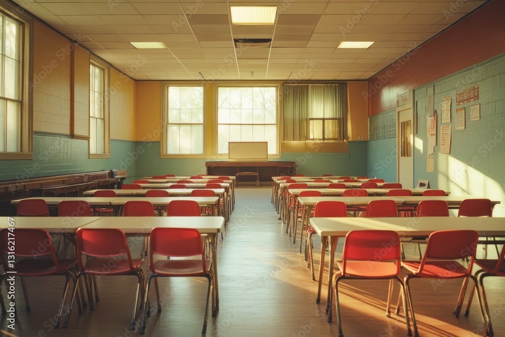Sunlit classroom with rows of small red chairs and white tables. Sunlit classroom with rows of small red chairs and white tables.