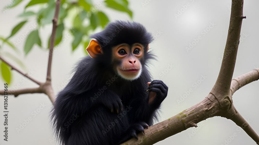 Fototapeta premium Adorable black snub-nosed monkey with distinctive upturned nose and fluffy fur, perches on a tree branch in a misty Yunnan, China forest habitat.