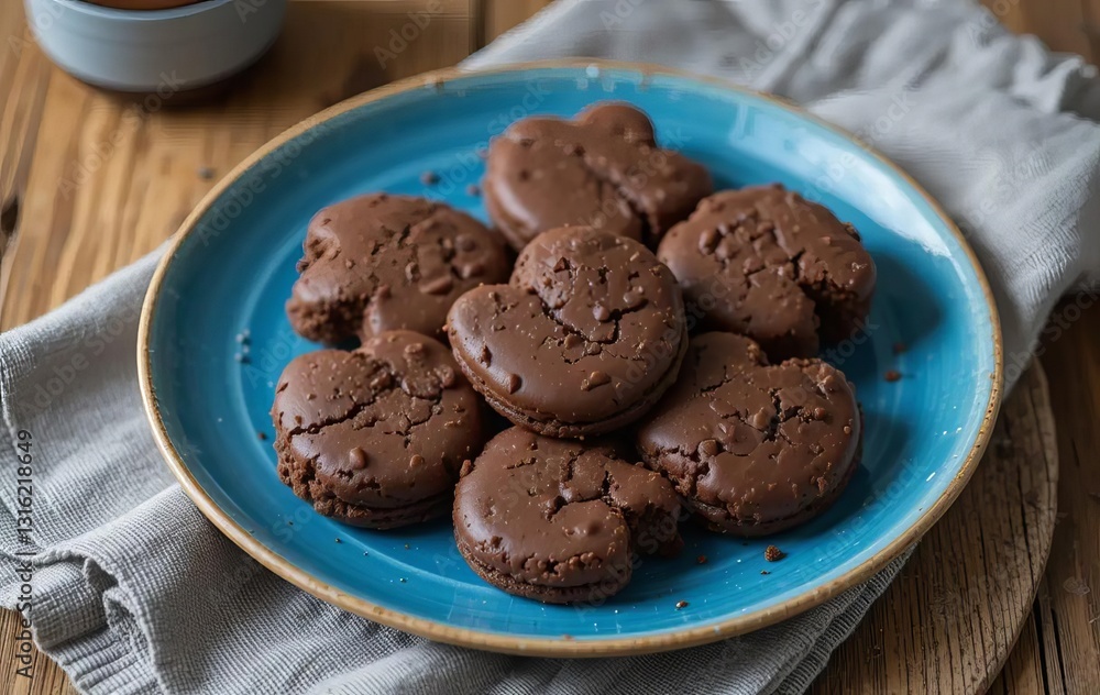 A stack of chocolate cookies on a blue plate with a coffee bean design on top, placed on a gray linen napkin. A stack of chocolate cookies on a blue plate with a coffee bean design on top, placed on a gray linen napkin.
