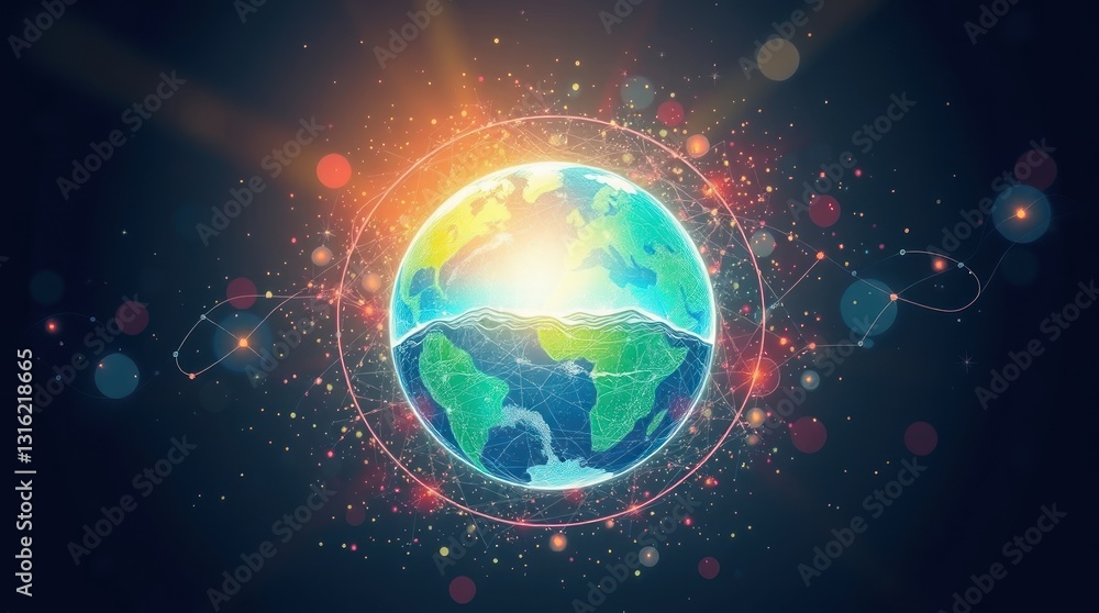 Obraz premium Abstract Earth Globe with Connected Network and Energy Rays Design