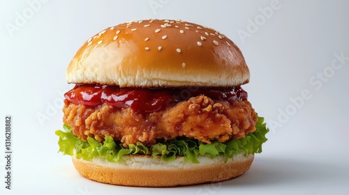 Wallpaper Mural A crispy, juicy chicken burger, its golden exterior adorned with a vibrant red chili sauce, sits majestically isolated on a pristine white background. The lighting is soft and studio, highlighting Torontodigital.ca