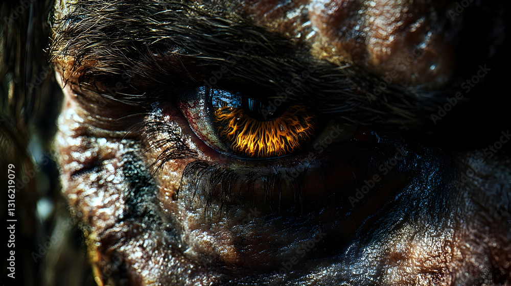 Close-up of a fiery, intense amber eye, set within a weathered, dark face. Details show texture and shadows Close-up of a fiery, intense amber eye, set within a weathered, dark face. Details show texture and shadows