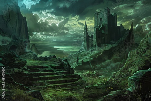 Mysterious castle ruins in a desolate landscape with dark clouds looming overhead
