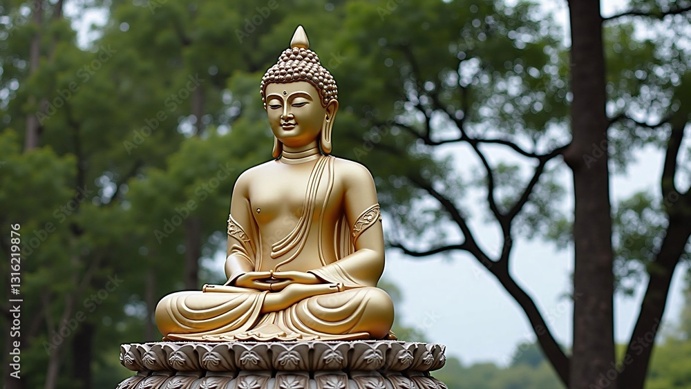 Serene Golden Buddha Statue in Tranquil Garden Setting Serene Golden Buddha Statue in Tranquil Garden Setting