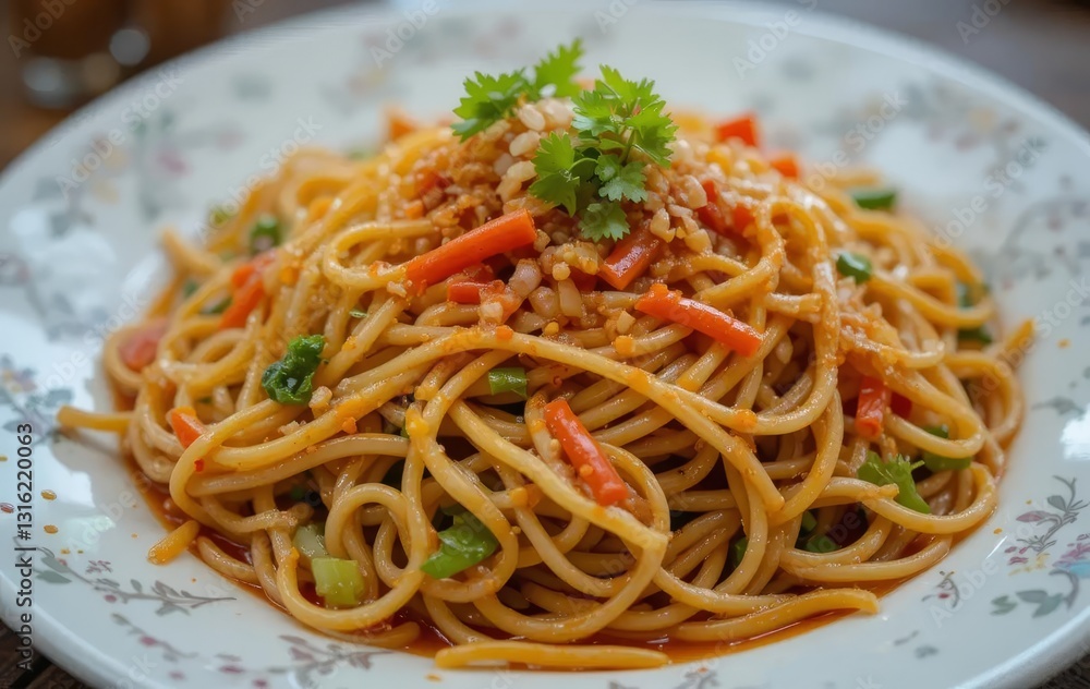 A plate of spicy instant noodles with vegetables and herbs, served in an Asian style bowl and chopsticks A plate of spicy instant noodles with vegetables and herbs, served in an Asian style bowl and chopsticks