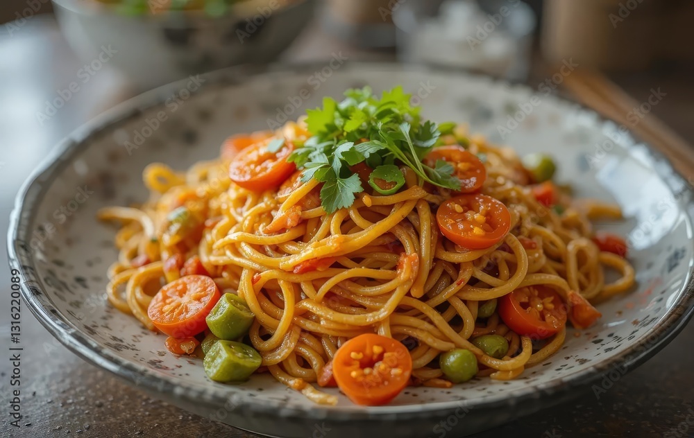 A plate of spicy instant noodles with vegetables and herbs, served in an Asian style bowl and chopsticks A plate of spicy instant noodles with vegetables and herbs, served in an Asian style bowl and chopsticks