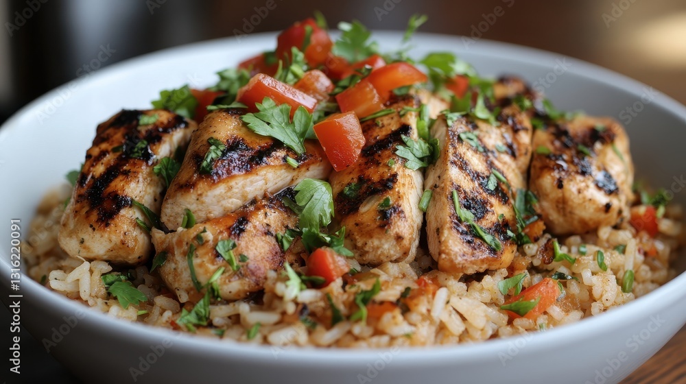A symphony of flavors unfolds as seasoned rice, adorned with perfectly grilled chicken masterpieces, explodes with aromatic delight. Vibrant slices of red and green peppers, alongside fresh parsley, A symphony of flavors unfolds as seasoned rice, adorned with perfectly grilled chicken masterpieces, explodes with aromatic delight. Vibrant slices of red and green peppers, alongside fresh parsley,