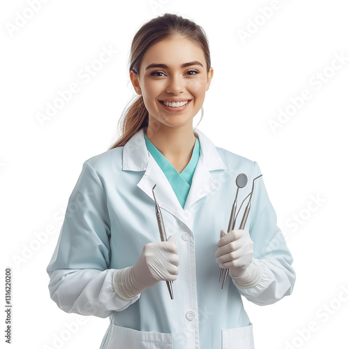A professional female dentist stands confidently, smiling warmly while holding dental scaling tools in both hands. She wears a crisp white lab coat over light blue or teal scrubs
