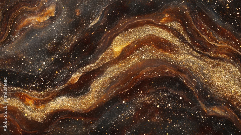 Obraz premium Rich gold and amber sparkle effect radiates through a dark swirling background