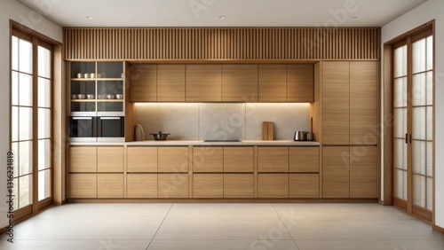A modern kitchen featuring wooden cabinetry, minimalist design, and large windows for natural light.