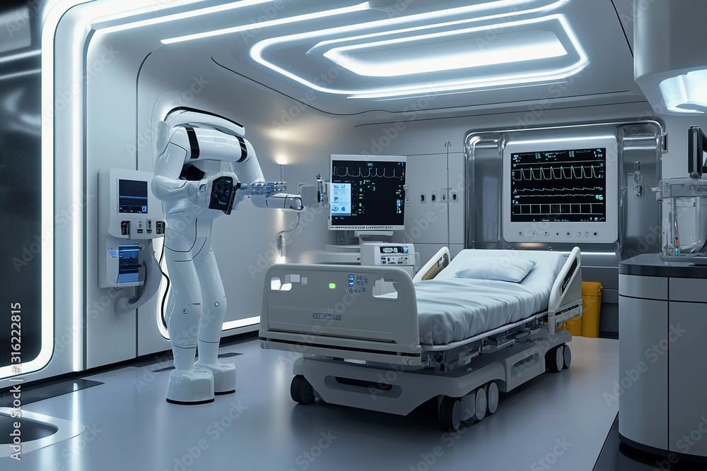 Futuristic hospital room featuring a humanoid robot assisting with patient care Futuristic hospital room featuring a humanoid robot assisting with patient care