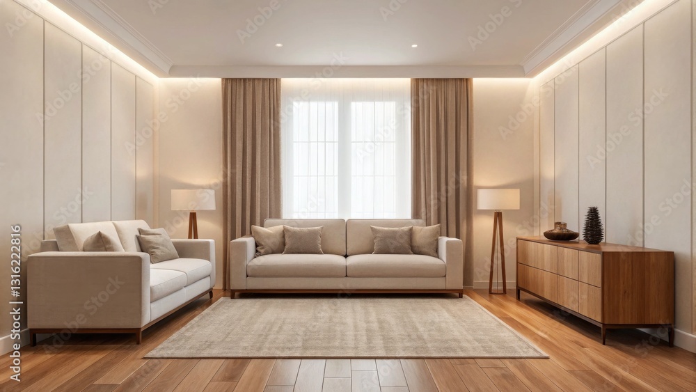 Fototapeta premium A modern living room featuring neutral tones, elegant furniture, and natural lighting, creating a cozy and inviting atmosphere.