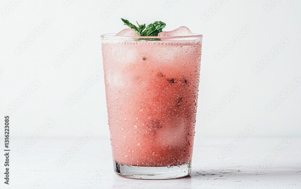 Refreshing pink beverage with ice and mint garnish in a textured glass, set against a bright white background Refreshing pink beverage with ice and mint garnish in a textured glass, set against a bright white background