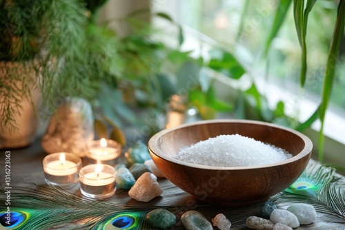 Wooden bowl of bath salts, candles, crystals, and feathers on a rustic table.