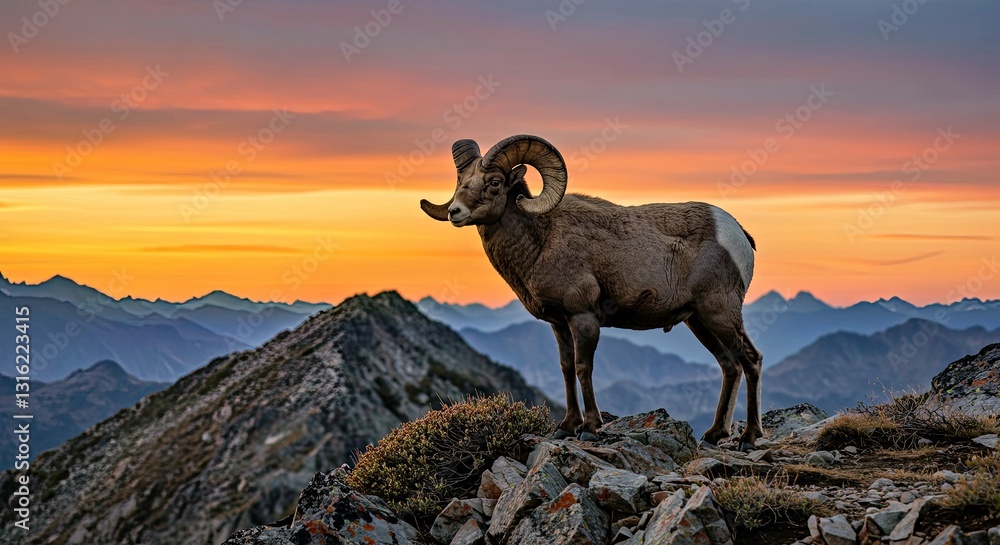 Naklejka premium A Bighorn Sheep Ram (Ovis Canadensis) Standing Majestically on a Rocky Mountain Peak at Sunrise