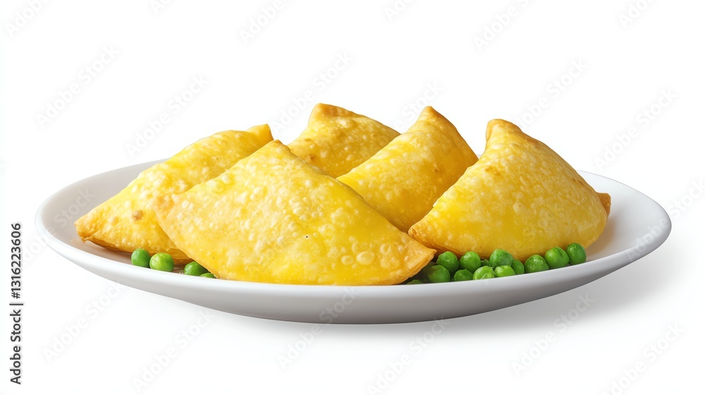 Delicious golden empanadas served on a plate with green peas. Delicious golden empanadas served on a plate with green peas.