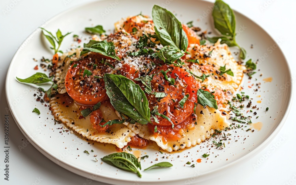 Close-up of a plate of ravioli with tomato sauce, fresh basil, and grated cheese. The pasta is light yellow, and the sauce is a vibrant red. The image is well-lit and features a clean white Close-up of a plate of ravioli with tomato sauce, fresh basil, and grated cheese. The pasta is light yellow, and the sauce is a vibrant red. The image is well-lit and features a clean white