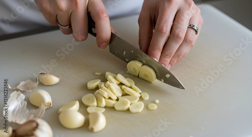 Hands slicing / cutting / chopping garlic and onion