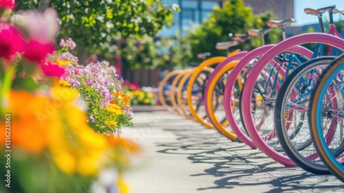 Fototapeta Naklejka Na Ścianę i Meble -  Modern bike parking station with vibrant colors and blooming flowers in a urban setting