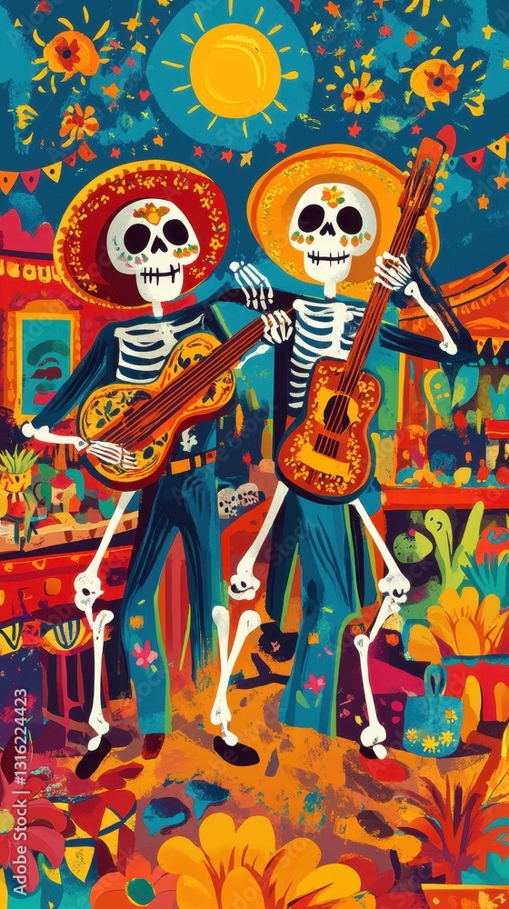 Fototapeta premium Two skeleton figures are depicted playing guitars together in celebration