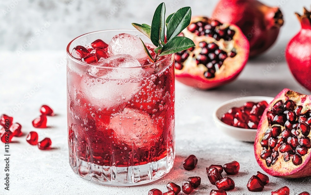 Refreshing pomegranate drink in a glass with ice, surrounded by pomegranate seeds and fruit on a light gray surface. Refreshing pomegranate drink in a glass with ice, surrounded by pomegranate seeds and fruit on a light gray surface.