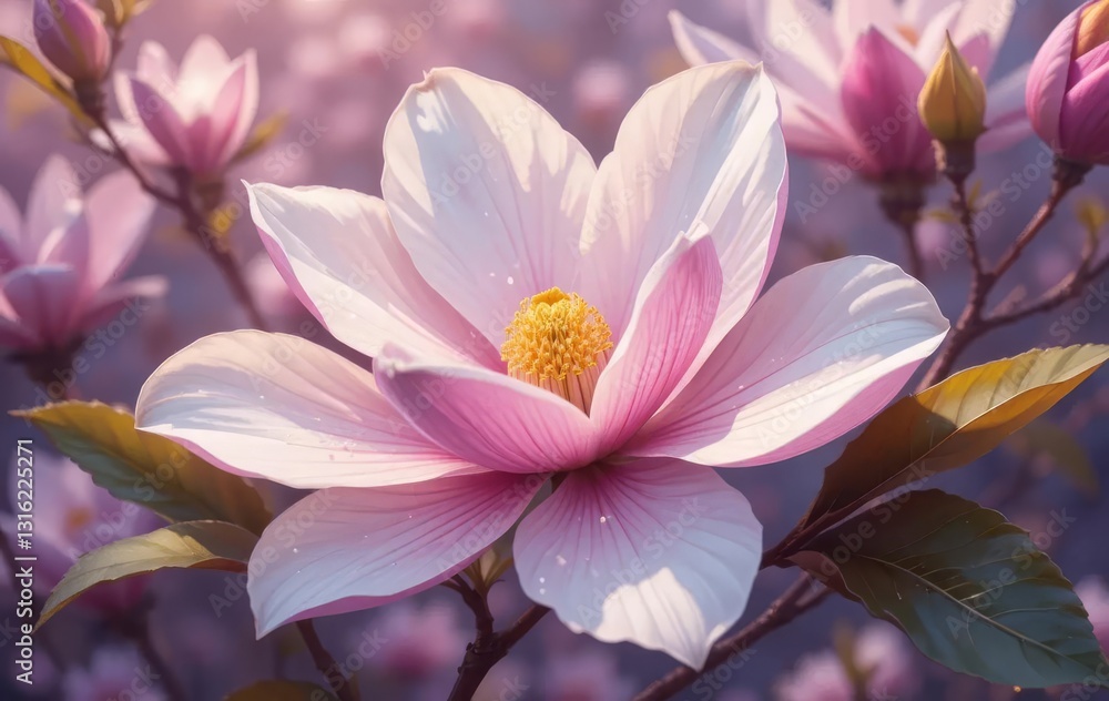 Fototapeta premium A digital painting of a pink and white Star Magnolia blossom against a dark background
