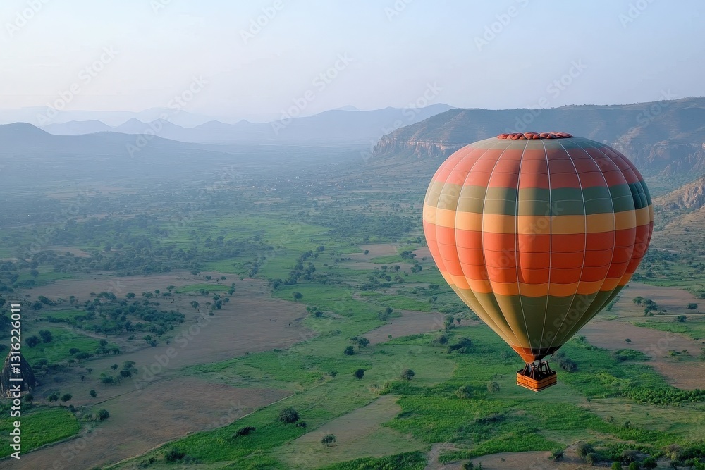 Obraz premium Experience the thrill of adventure tourism with a hot air balloon soaring over a lush green valley at dawn. Generative AI