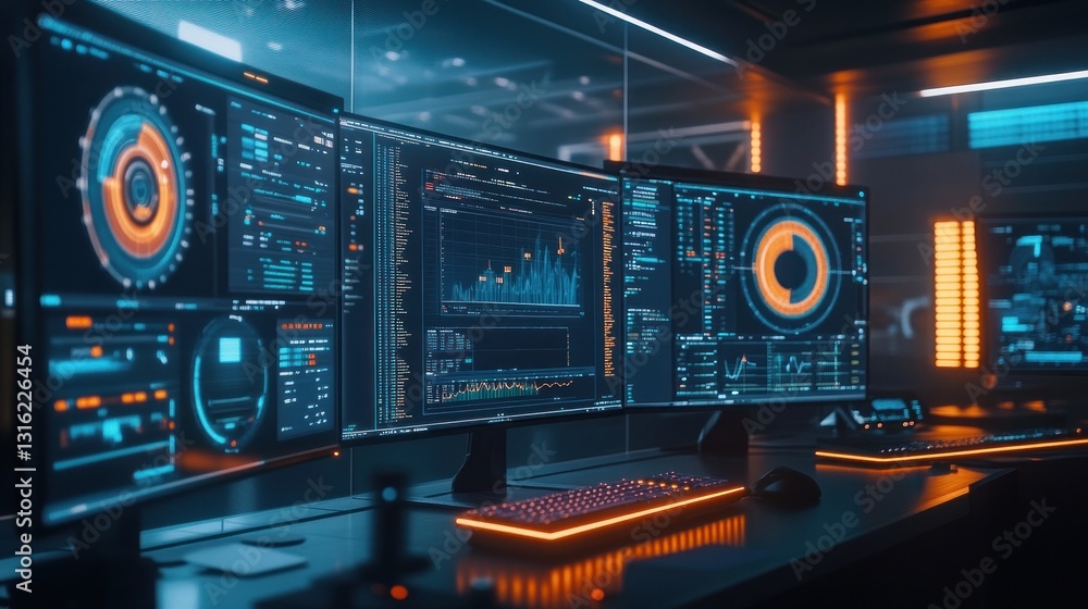 Futuristic tech workspace with multiple monitors displaying data and graphs. Futuristic tech workspace with multiple monitors displaying data and graphs.