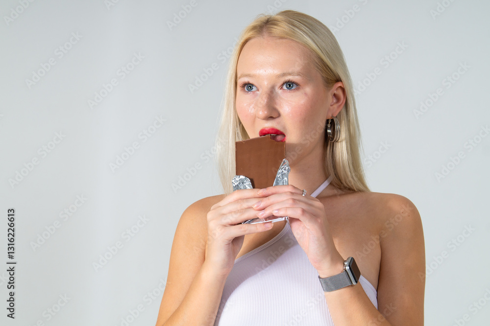 Naklejka premium Attractive young blonde eating a chocolate bar. She is wearing a white top and blue jeans on a white background. Copy space
