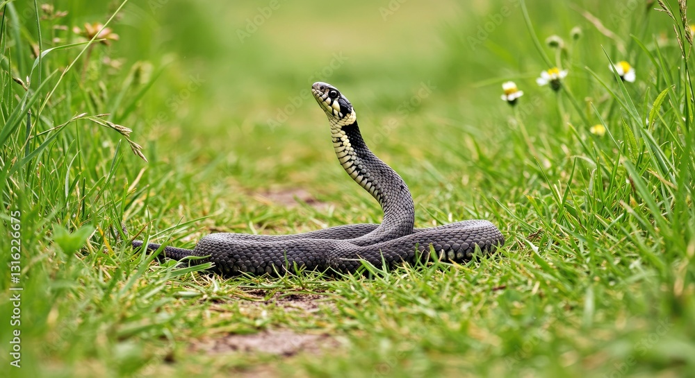 Fototapeta premium A Grass Snake (Natrix Natrix) Exhibiting Its Defensive Bluff Display on a Grassy Path