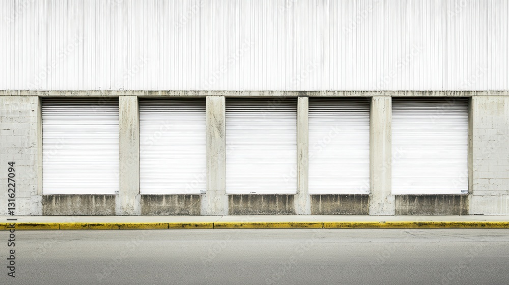 Minimalist Industrial Warehouse Exterior with Rolling Doors and Concrete Minimalist Industrial Warehouse Exterior with Rolling Doors and Concrete