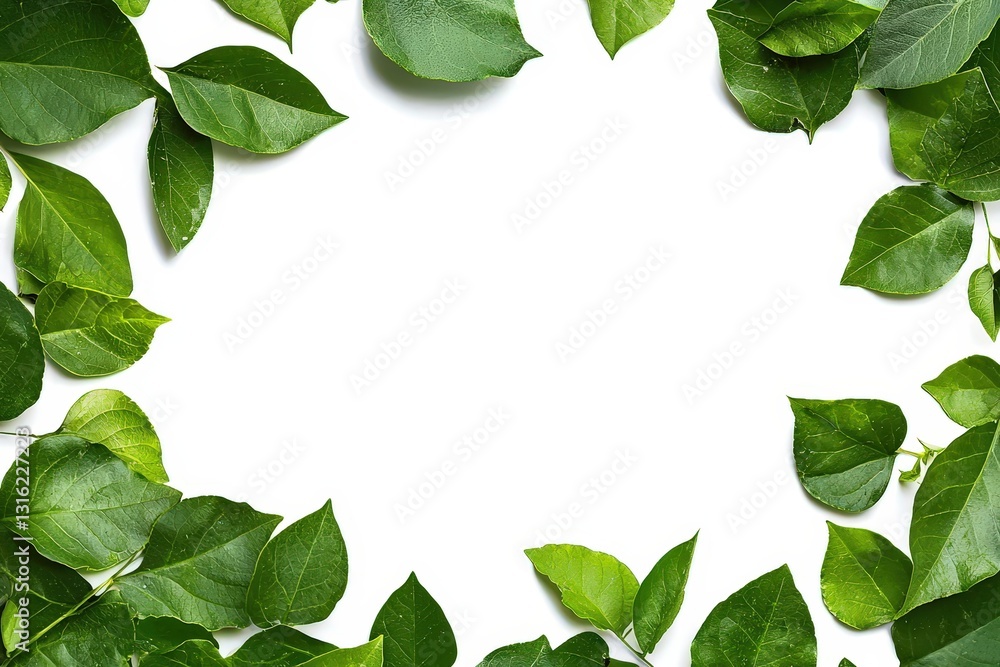 Fototapeta premium Green leaves border frame framing element on white background