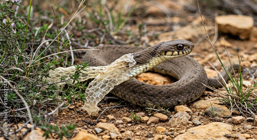 Fototapeta premium Ladder Snake (Zamenis Scalaris) Shedding Its Skin Amongst the Rocky Garrigue Vegetation.