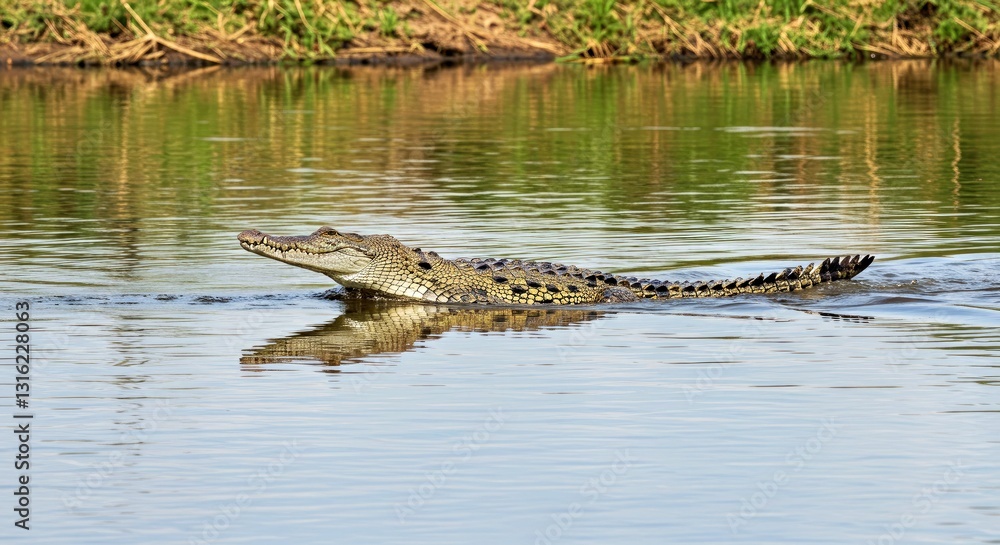 Obraz premium A Nile Crocodile (Crocodylus Niloticus) Powerfully Swimming Across a Wide,