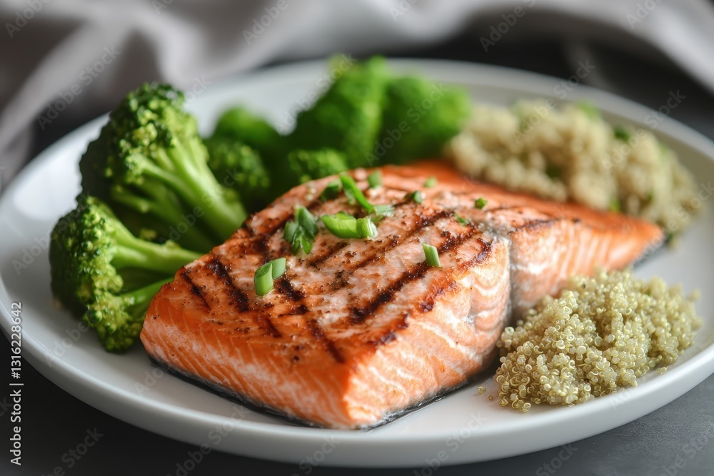 Delicious grilled salmon with a nutritious quinoa and broccoli side for a healthy and satisfying meal. Generative AI Delicious grilled salmon with a nutritious quinoa and broccoli side for a healthy and satisfying meal. Generative AI
