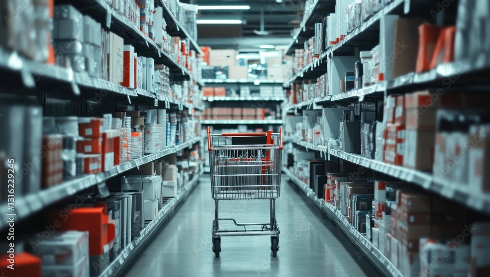 Empty shopping cart in a retail store aisle with stocked shelves. Empty shopping cart in a retail store aisle with stocked shelves.