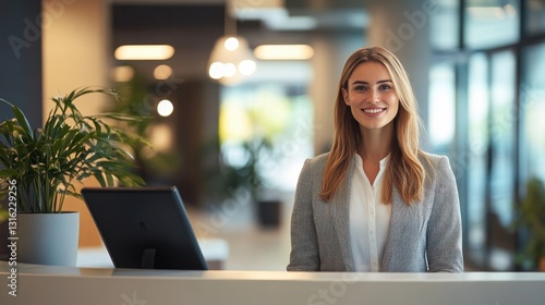 Welcoming Smile: A cheerful receptionist stands behind a modern reception desk, exuding warmth and professionalism, creating a positive first impression.