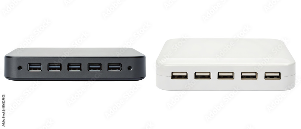 Black and white USB charging hubs isolated with transparent background Black and white USB charging hubs isolated with transparent background