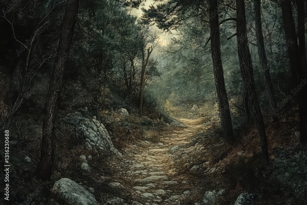 A rugged forest path surrounded by deep green pines, leading towards a hidden clearing. A rugged forest path surrounded by deep green pines, leading towards a hidden clearing.