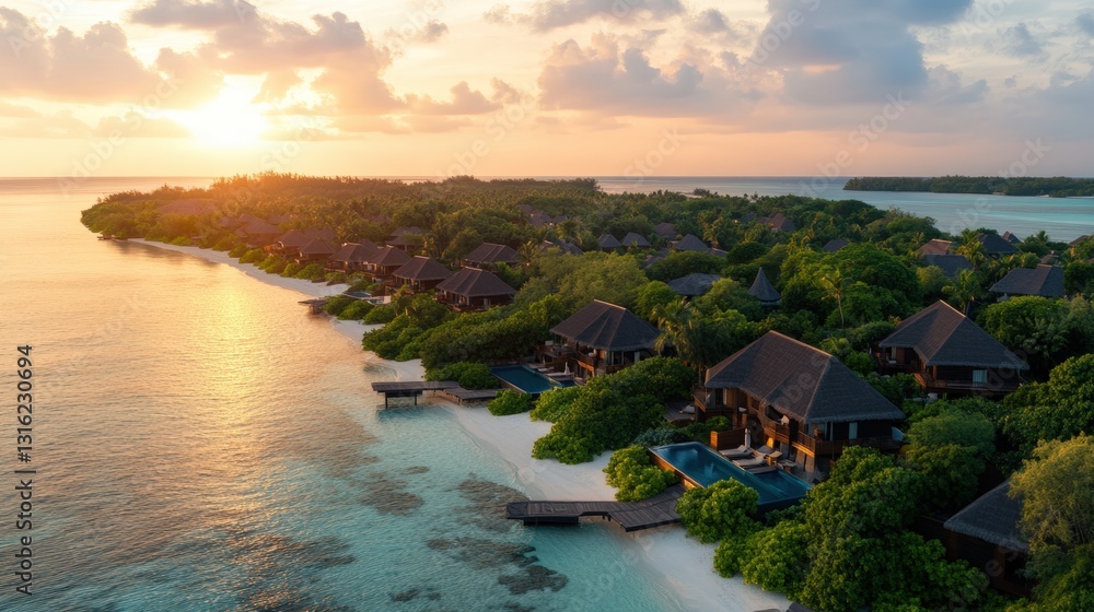 Luxurious aerial perspective of stunning resort on beautiful tropical island surrounded by crystal clear waters Luxurious aerial perspective of stunning resort on beautiful tropical island surrounded by crystal clear waters