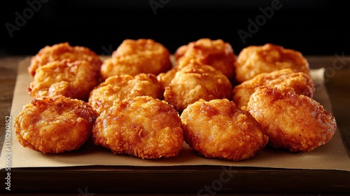 Wallpaper Mural A front-facing photograph captures a plate of crispy fried chicken tenders, their golden brown exteriors glistening under the bright light of the camera. Each tender is nestled on a bed of plain Torontodigital.ca