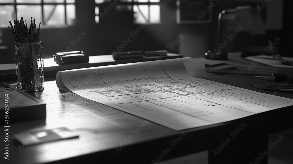 Architectural blueprints on a desk in a workshop Architectural blueprints on a desk in a workshop