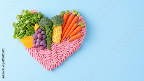 A colorful heart-shaped arrangement of fresh vegetables and fruit, symbolizing love for healthy eating against a light blue background. photo