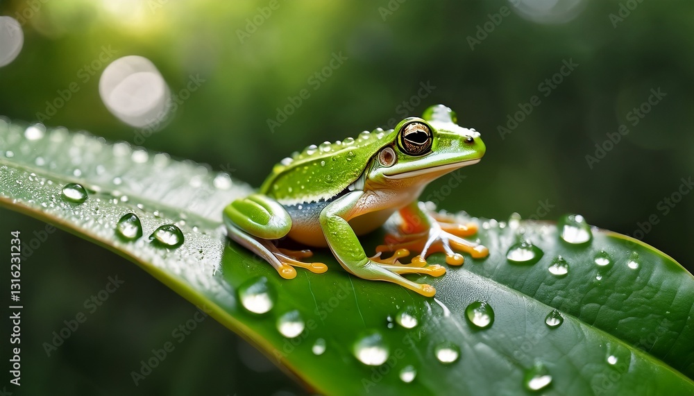 Obraz premium A Tiny Frog Sitting on a Raindrop-Covered Leaf