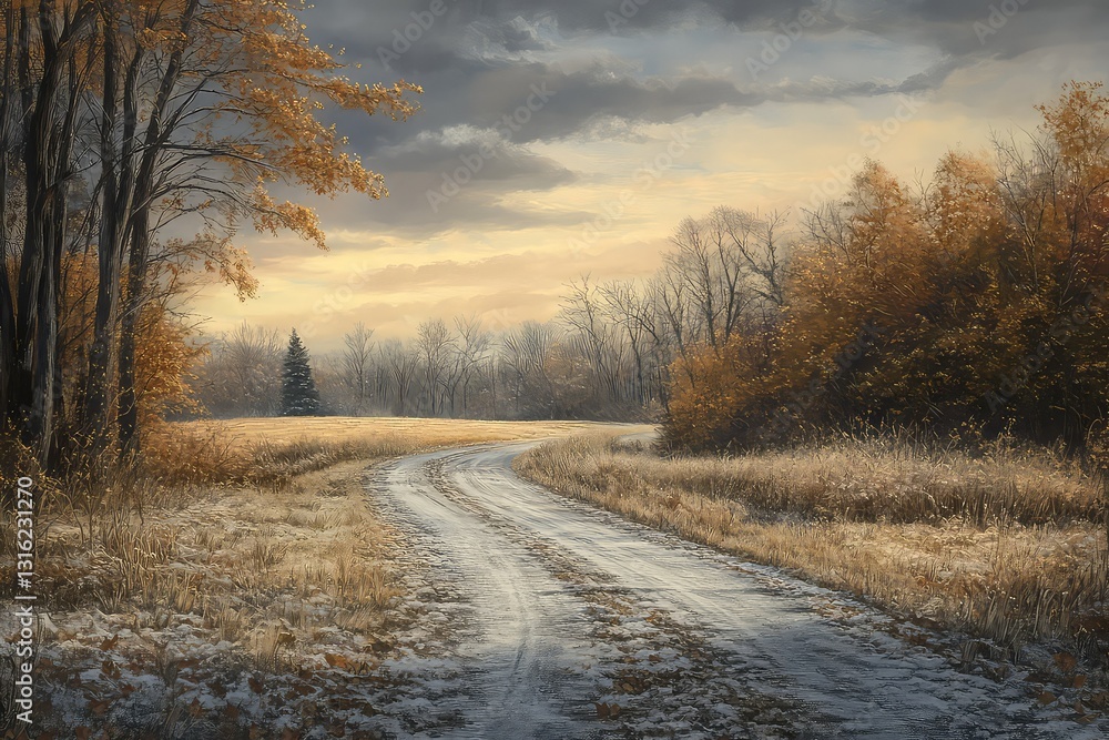 A rustic country road lined with frost-kissed autumn leaves and golden fields. A rustic country road lined with frost-kissed autumn leaves and golden fields.