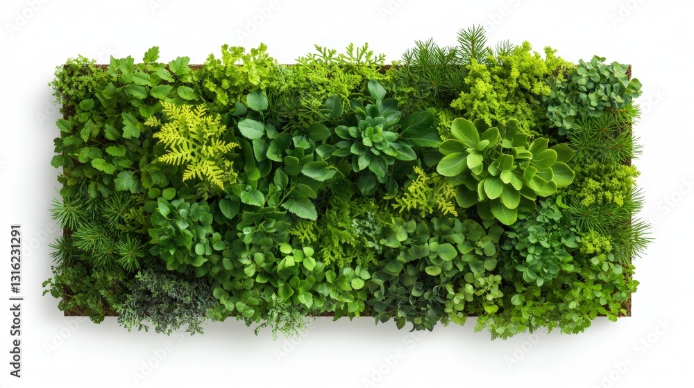 Naklejka premium Stunning aerial view of a green wall covered with vibrant plants captured from above in a lush botanical scene