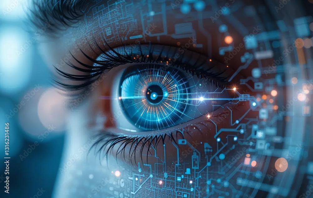 A futuristic eye with a grid of digital data and icons superimposed over the iris
