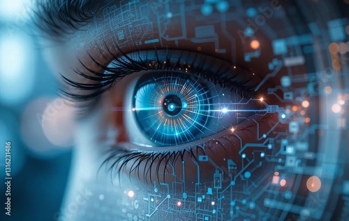 A futuristic eye with a grid of digital data and icons superimposed over the iris